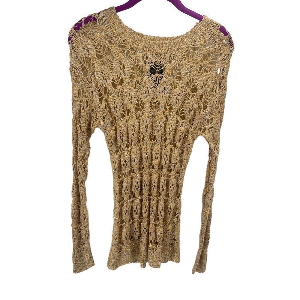 L.A Girl Womens Open Knit Sweater Sequins Crochet Embellished Gold Small NWT